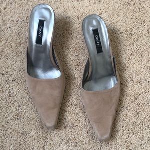 DKNY tan suede mules